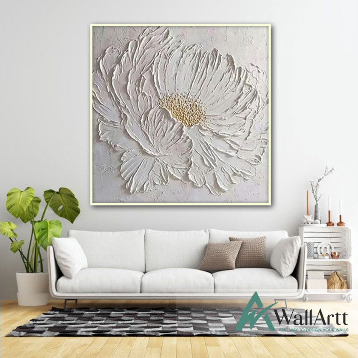 White Flower with Gold Buds II Heavy Textured Partial Oil Painting